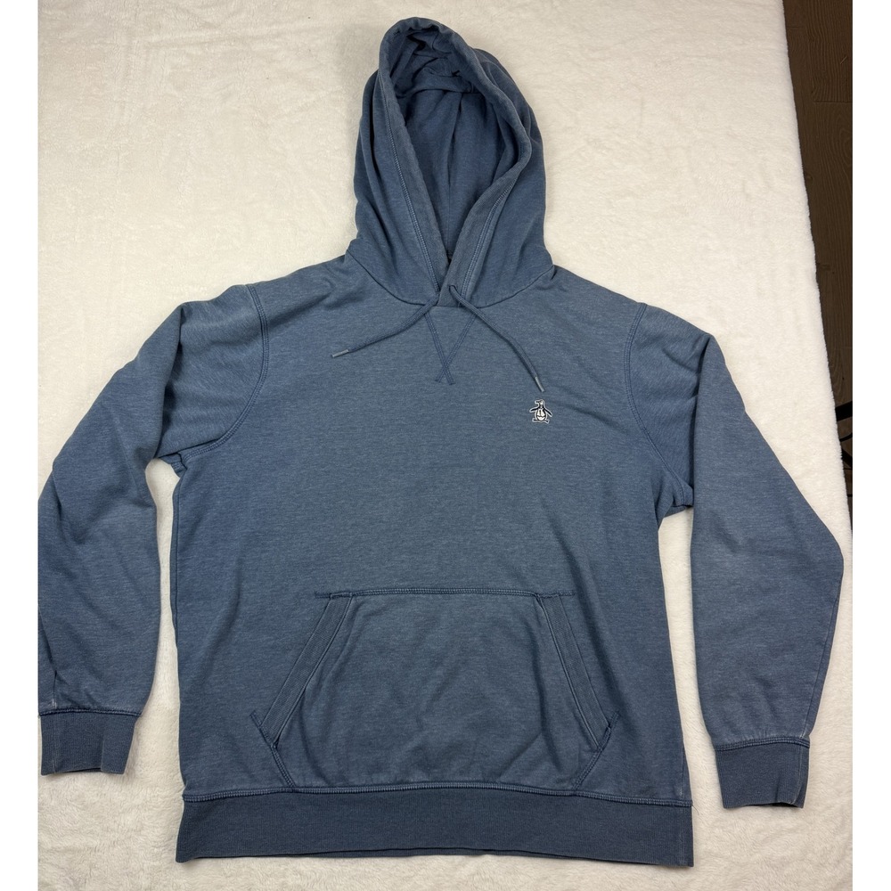 Original Penguin Mens Large Blue Pullover Hoodie Embroidered Logo Pocket